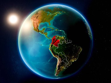 Günbatımı red Planet Earth görünür ülke sınırları ile vurgulanmış Kolombiya yukarıda. 3D çizim. Nasa tarafından döşenmiş bu görüntü unsurları.