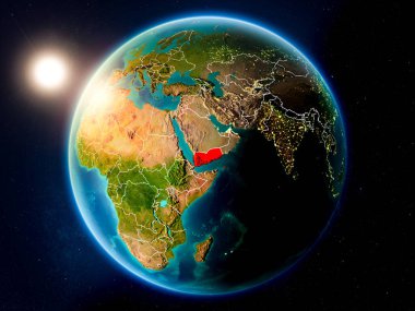 Günbatımı red Planet Earth görünür ülke sınırları ile vurgulanmış Yemen yukarıda. 3D çizim. Nasa tarafından döşenmiş bu görüntü unsurları.