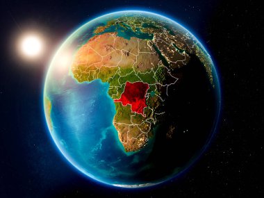 Günbatımı red Planet Earth görünür ülke sınırları ile vurgulanmış Kongo Demokratik Cumhuriyeti yukarıda. 3D çizim. Nasa tarafından döşenmiş bu görüntü unsurları.