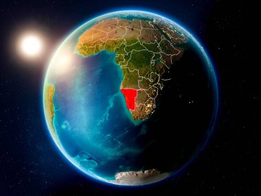 Günbatımı red Planet Earth görünür ülke sınırları ile vurgulanmış Namibya yukarıda. 3D çizim. Nasa tarafından döşenmiş bu görüntü unsurları.