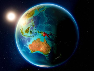 Papua Yeni Gine kırmızı Planet Earth görünür ülke sınırları ile vurgulanan yukarıda gün batımı. 3D çizim. Nasa tarafından döşenmiş bu görüntü unsurları.