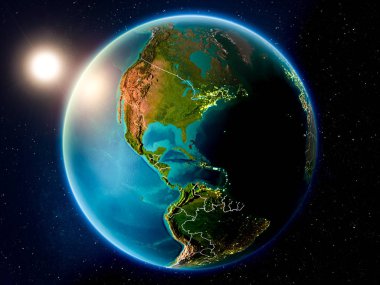 Günbatımı red Planet Earth görünür ülke sınırları ile vurgulanmış Bahamalar yukarıda. 3D çizim. Nasa tarafından döşenmiş bu görüntü unsurları.