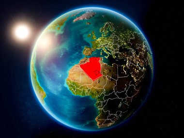 Günbatımı red Planet Earth görünür ülke sınırları ile vurgulanmış Cezayir yukarıda. 3D çizim. Nasa tarafından döşenmiş bu görüntü unsurları.