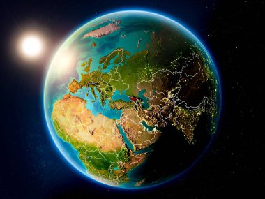 Planet Earth görünür ülke sınırları ile kırmızı günbatımı Georgia yukarıda vurgulanan. 3D çizim. Nasa tarafından döşenmiş bu görüntü unsurları.