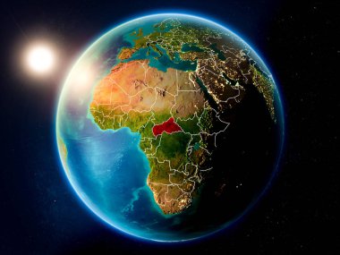 Günbatımı yukarıda Orta Afrika Planet Earth görünür ülke sınırları ile kırmızı vurgulanır. 3D çizim. Nasa tarafından döşenmiş bu görüntü unsurları.