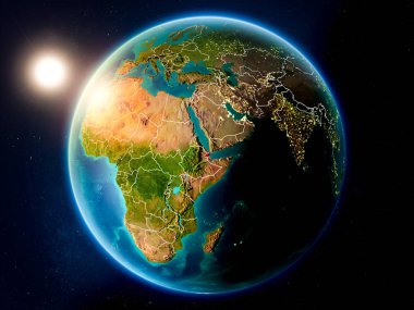 Günbatımı red Planet Earth görünür ülke sınırları ile vurgulanmış Cibuti yukarıda. 3D çizim. Nasa tarafından döşenmiş bu görüntü unsurları.