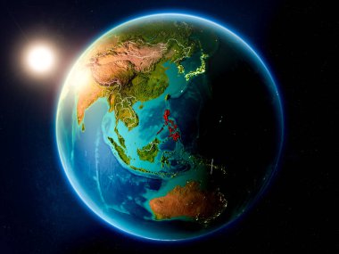 Günbatımı red Planet Earth görünür ülke sınırları ile vurgulanmış Filipinler yukarıda. 3D çizim. Nasa tarafından döşenmiş bu görüntü unsurları.