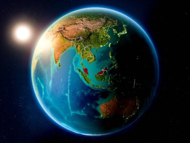 Günbatımı yukarıda Malezya red Planet Earth görünür ülke sınırları ile vurgulanır. 3D çizim. Nasa tarafından döşenmiş bu görüntü unsurları.
