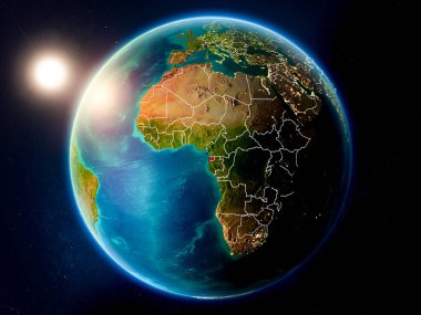Ekvator Ginesi red Planet Earth görünür ülke sınırları ile vurgulanmış yukarıda gün batımı. 3D çizim. Nasa tarafından döşenmiş bu görüntü unsurları.