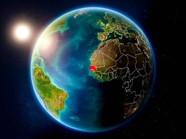 Günbatımı red Planet Earth görünür ülke sınırları ile vurgulanmış Senegal yukarıda. 3D çizim. Nasa tarafından döşenmiş bu görüntü unsurları.