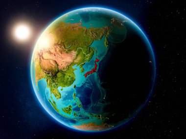 Planet Earth görünür ülke sınırları ile kırmızı günbatımı Japonya yukarıda vurgulanan. 3D çizim. Nasa tarafından döşenmiş bu görüntü unsurları.