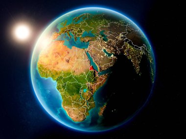 Günbatımı red Planet Earth görünür ülke sınırları ile vurgulanmış Eritre yukarıda. 3D çizim. Nasa tarafından döşenmiş bu görüntü unsurları.