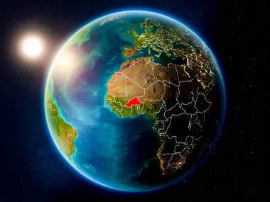 Günbatımı yukarıda Burkina Faso Planet Earth görünür ülke sınırları ile kırmızı vurgulanır. 3D çizim. Nasa tarafından döşenmiş bu görüntü unsurları.