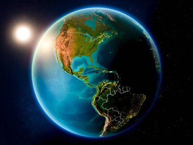 Günbatımı red Planet Earth görünür ülke sınırları ile vurgulanmış Jamaika yukarıda. 3D çizim. Nasa tarafından döşenmiş bu görüntü unsurları.