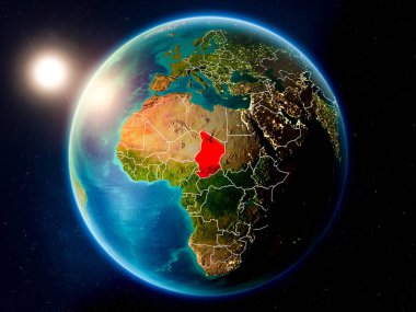 Günbatımı red Planet Earth görünür ülke sınırları ile vurgulanmış Chad yukarıda. 3D çizim. Nasa tarafından döşenmiş bu görüntü unsurları.