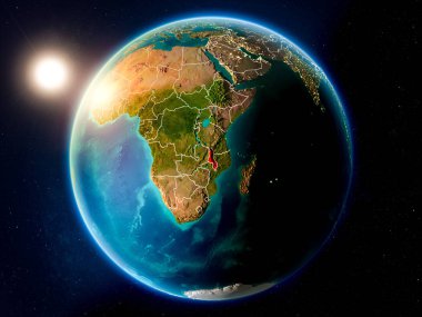 Günbatımı red Planet Earth görünür ülke sınırları ile vurgulanmış Malavi yukarıda. 3D çizim. Nasa tarafından döşenmiş bu görüntü unsurları.