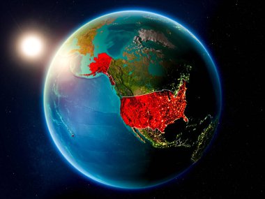 Günbatımı yukarıda ABD Planet Earth görünür ülke sınırları ile kırmızı vurgulanır. 3D çizim. Nasa tarafından döşenmiş bu görüntü unsurları.