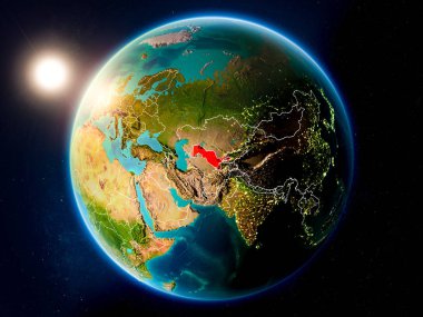 Günbatımı red Planet Earth görünür ülke sınırları ile vurgulanmış Özbekistan yukarıda. 3D çizim. Nasa tarafından döşenmiş bu görüntü unsurları.