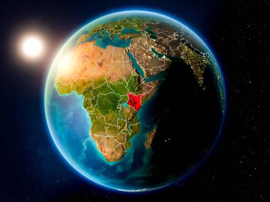 Günbatımı red Planet Earth görünür ülke sınırları ile vurgulanmış Kenya yukarıda. 3D çizim. Nasa tarafından döşenmiş bu görüntü unsurları.