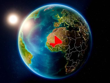 Günbatımı red Planet Earth görünür ülke sınırları ile vurgulanmış Mali yukarıda. 3D çizim. Nasa tarafından döşenmiş bu görüntü unsurları.