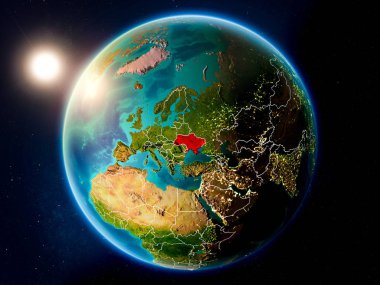 Günbatımı red Planet Earth görünür ülke sınırları ile vurgulanmış Ukrayna yukarıda. 3D çizim. Nasa tarafından döşenmiş bu görüntü unsurları.