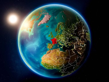 Planet Earth görünür ülke sınırları ile kırmızı günbatımı Fransa yukarıda vurgulanan. 3D çizim. Nasa tarafından döşenmiş bu görüntü unsurları.