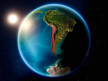 Günbatımı red Planet Earth görünür ülke sınırları ile vurgulanmış Şili yukarıda. 3D çizim. Nasa tarafından döşenmiş bu görüntü unsurları.