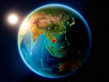 Günbatımı red Planet Earth görünür ülke sınırları ile vurgulanmış Kamboçya yukarıda. 3D çizim. Nasa tarafından döşenmiş bu görüntü unsurları.