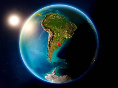 Günbatımı red Planet Earth görünür ülke sınırları ile vurgulanmış Uruguay yukarıda. 3D çizim. Nasa tarafından döşenmiş bu görüntü unsurları.