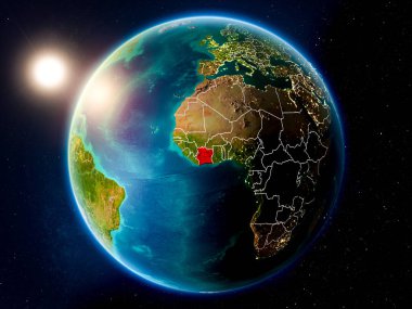 Fildişi Sahili red Planet Earth görünür ülke sınırları ile vurgulanmış yukarıda gün batımı. 3D çizim. Nasa tarafından döşenmiş bu görüntü unsurları.