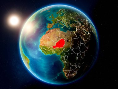 Günbatımı red Planet Earth görünür ülke sınırları ile vurgulanmış Nijer yukarıda. 3D çizim. Nasa tarafından döşenmiş bu görüntü unsurları.