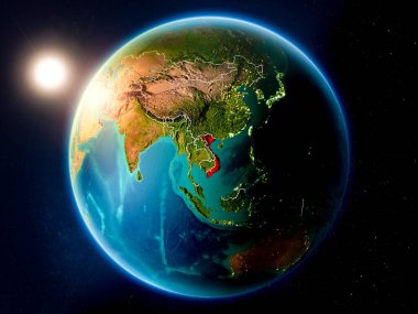 Günbatımı red Planet Earth görünür ülke sınırları ile vurgulanmış Vietnam yukarıda. 3D çizim. Nasa tarafından döşenmiş bu görüntü unsurları.