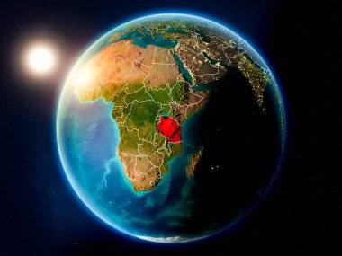 Günbatımı red Planet Earth görünür ülke sınırları ile vurgulanmış Tanzanya yukarıda. 3D çizim. Nasa tarafından döşenmiş bu görüntü unsurları.