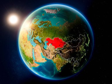 Günbatımı red Planet Earth görünür ülke sınırları ile vurgulanmış Kazakistan yukarıda. 3D çizim. Nasa tarafından döşenmiş bu görüntü unsurları.