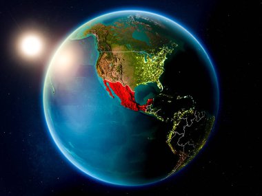 Günbatımı red Planet Earth görünür ülke sınırları ile vurgulanmış Meksika yukarıda. 3D çizim. Nasa tarafından döşenmiş bu görüntü unsurları.