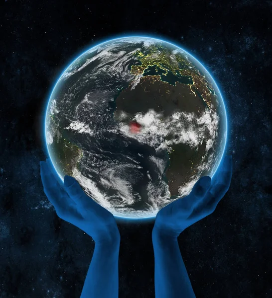 Elefántcsontpart Földön Kezében Űrben Éjjel Illusztráció — Stock Fotó