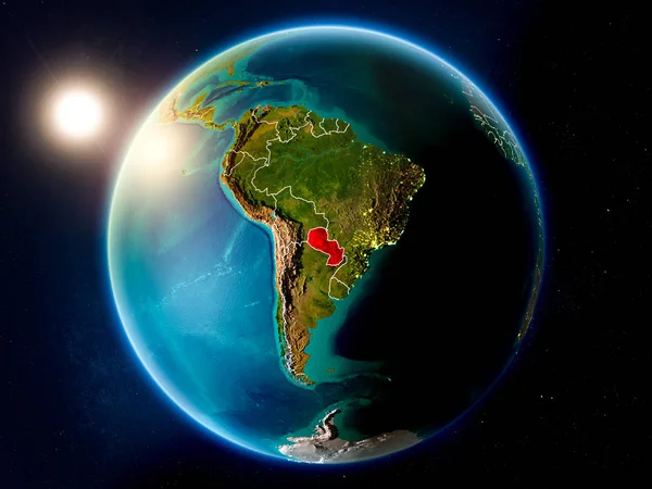 Puesta Sol Sobre Paraguay Resaltada Rojo Planeta Tierra Con Fronteras —  Fotos de Stock