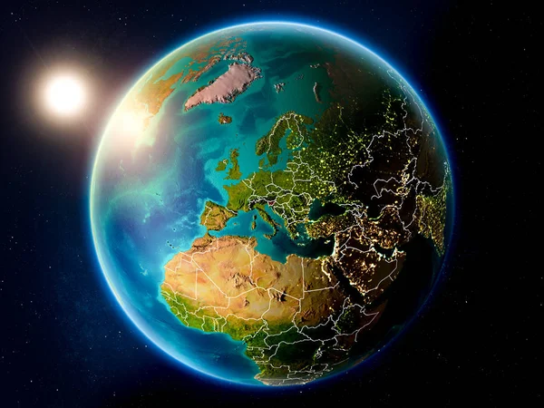 Solnedgången Över Slovenien Rött Planeten Jorden Med Synliga Landsgränser Illustration — Stockfoto