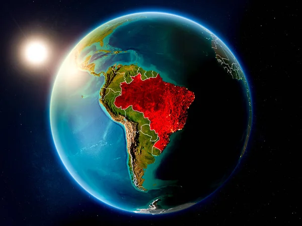 Zachód Słońca Nad Brazylia Zaznaczone Czerwono Planetę Ziemię Granic Kraju — Zdjęcie stockowe