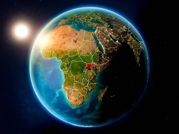 Sonnenuntergang Über Uganda Rot Hervorgehoben Auf Dem Planeten Erde Mit — Stockfoto