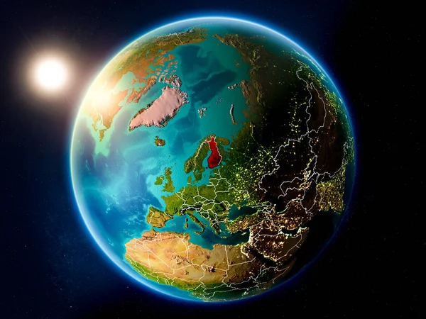 Solnedgången Över Finland Rött Planeten Jorden Med Synliga Landsgränser Illustration — Stockfoto