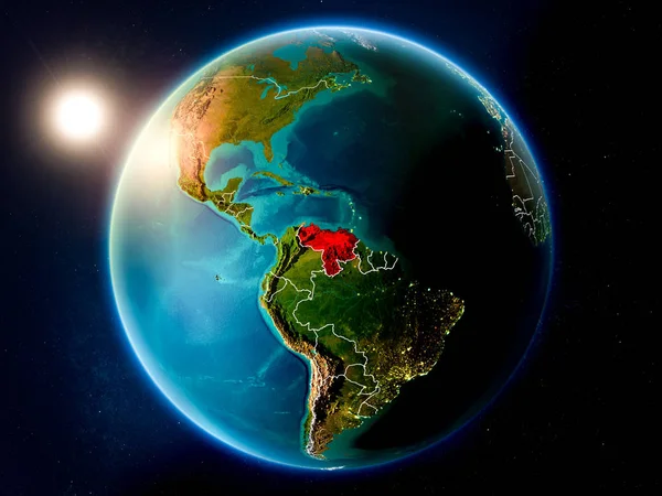 Захід Сонця Над Венесуела Виділено Червоним Кольором Планеті Земля Видимими — стокове фото
