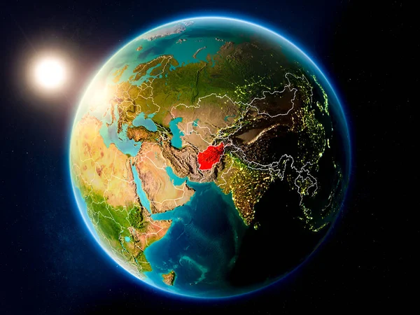 アフガニスタン地球目に見える国のボーダーとの赤で強調表示されます上記の夕日 イラスト Nasa から提供されたこのイメージの要素 — ストック写真