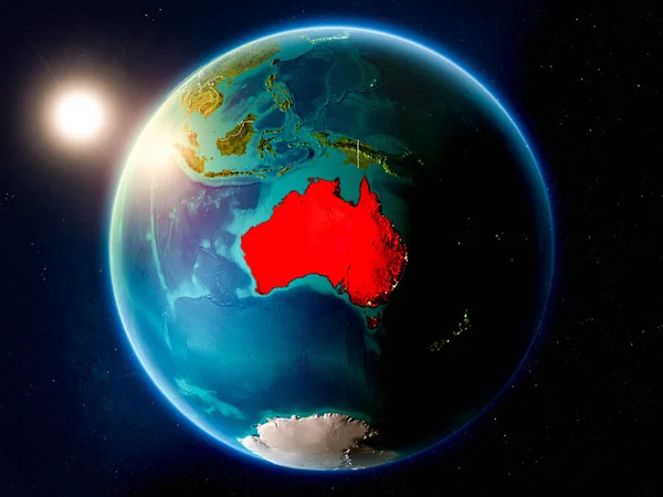 Tramonto Sopra Australia Evidenziato Rosso Sul Pianeta Terra Con Confini — Foto Stock