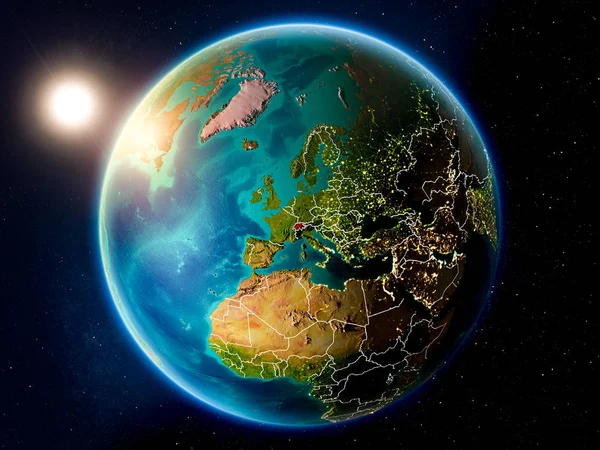 Solnedgången Över Schweiz Rött Planeten Jorden Med Synliga Landsgränser Illustration — Stockfoto
