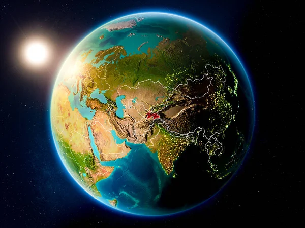 タジキスタン地球目に見える国のボーダーとの赤で強調表示されます上記の夕日 イラスト Nasa から提供されたこのイメージの要素 — ストック写真