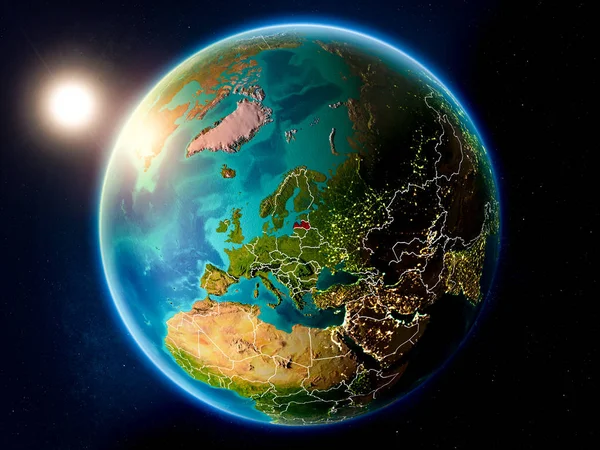 Solnedgången Över Lettland Rött Planeten Jorden Med Synliga Landsgränser Illustration — Stockfoto