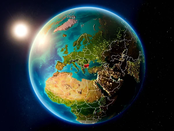 Solnedgången Över Bulgarien Rött Planeten Jorden Med Synliga Landsgränser Illustration — Stockfoto