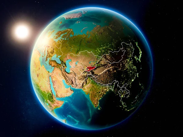 Zonsondergang Boven Kirgizië Gemarkeerd Het Rood Planeet Aarde Met Zichtbare — Stockfoto