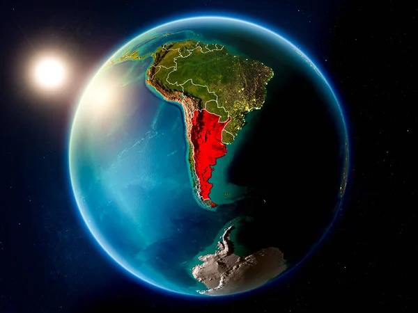 Puesta Sol Sobre Argentina Resaltada Rojo Planeta Tierra Con Fronteras — Foto de Stock